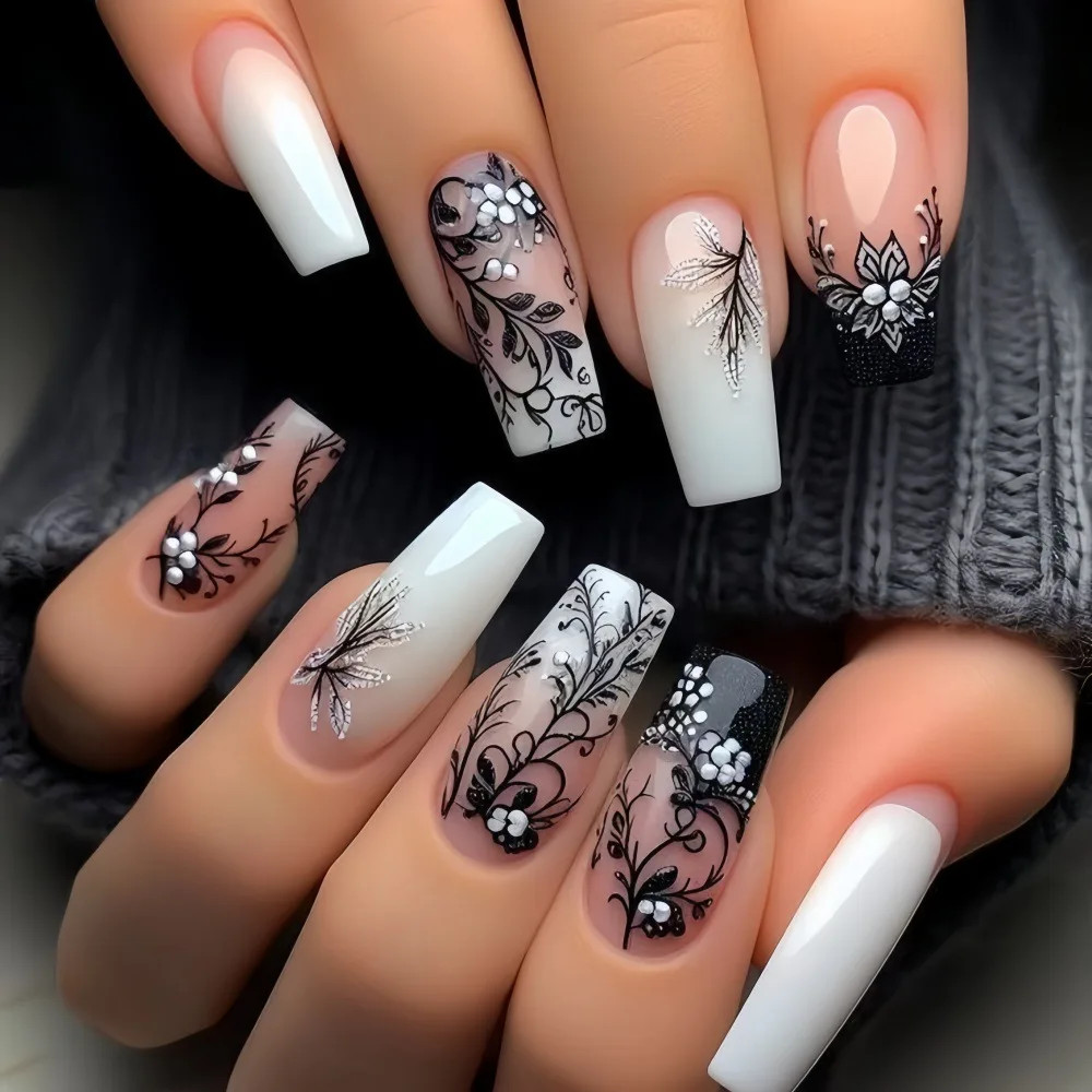 Purple Flower Printed Press On Nails 24Pcs Almond Coffin DIY Manicure Acrylic