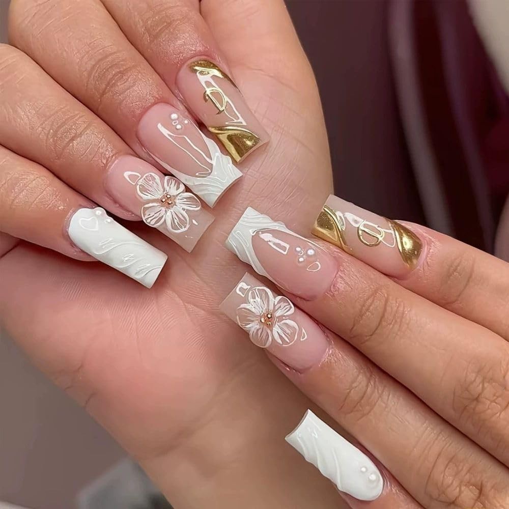 QQPPOLIU Square Press on Nails Long Pink Glue General,24, Various colors