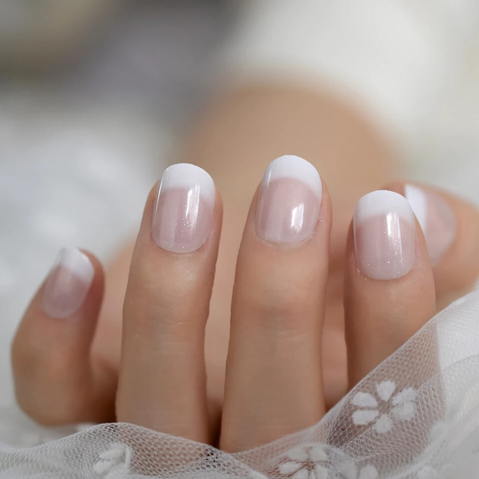 24 Short Press on nails kit w/ glue ombre french tip white pink gradient nude