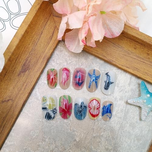 24Pcs Ocean Life Press on Nails – Short Almond Fake Nails XF-088