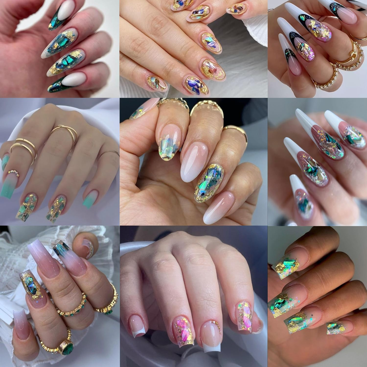 12Grids Nail Art Aurora Abalone Shell Flakes, Shiny Irregular Sea Shell 3D Charm