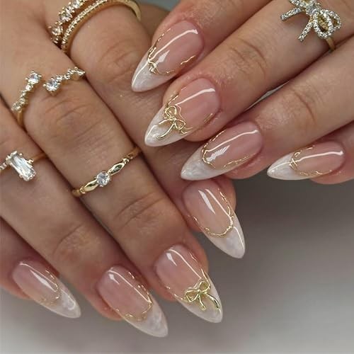White French Tips Press on Nails 24Pcs Press ons Fingernails Curve Gold Bow