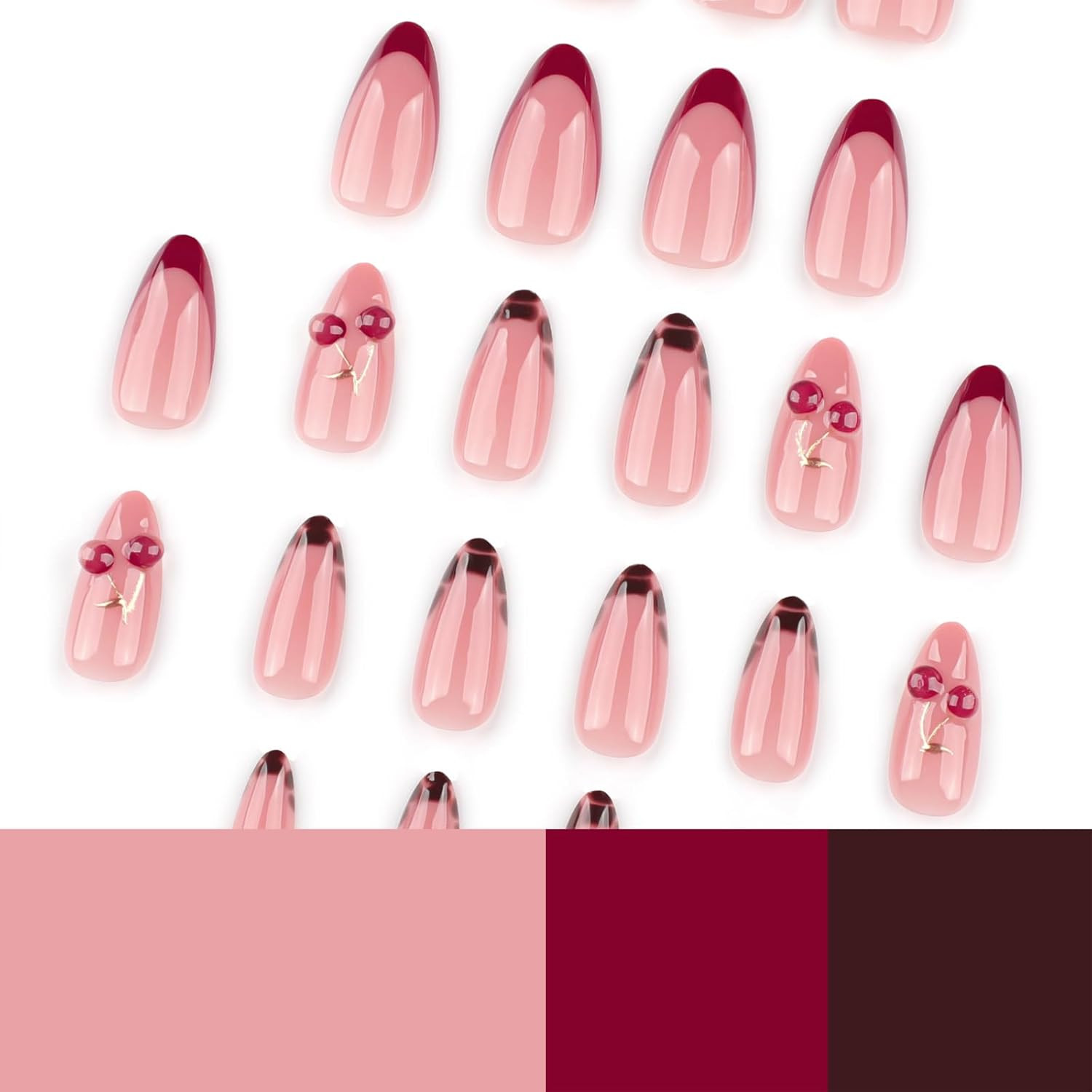 Medium Almond Press-On Nails – 3D Cherry, Gold Branch & Leopard Design, 24PCS