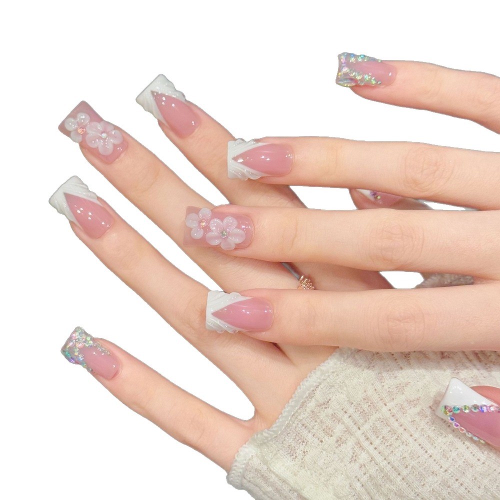 10pcs Pink Flower Press on Nails AB Rhinestone Duckbill Fake Nail Tips