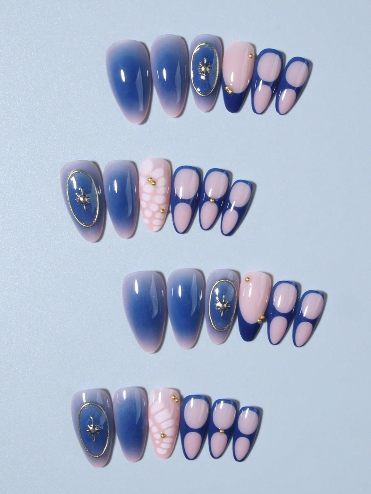 Blue Ombre Starfish Almond Press On Nails with Gold Beads