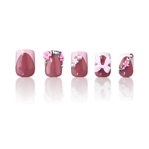 French Tip Press on Nails Short Square Fake Nails Nude Glossy False Nails with