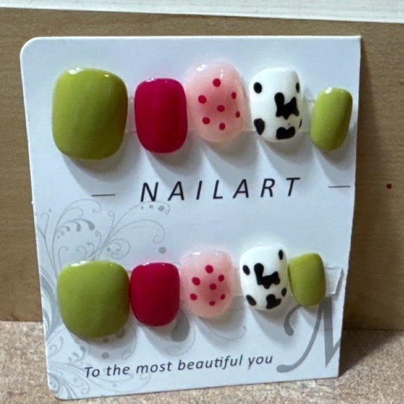 Nail Art Press On Nails Mixed Patterns Green Pink Cow Print Polka Dot 10pc
