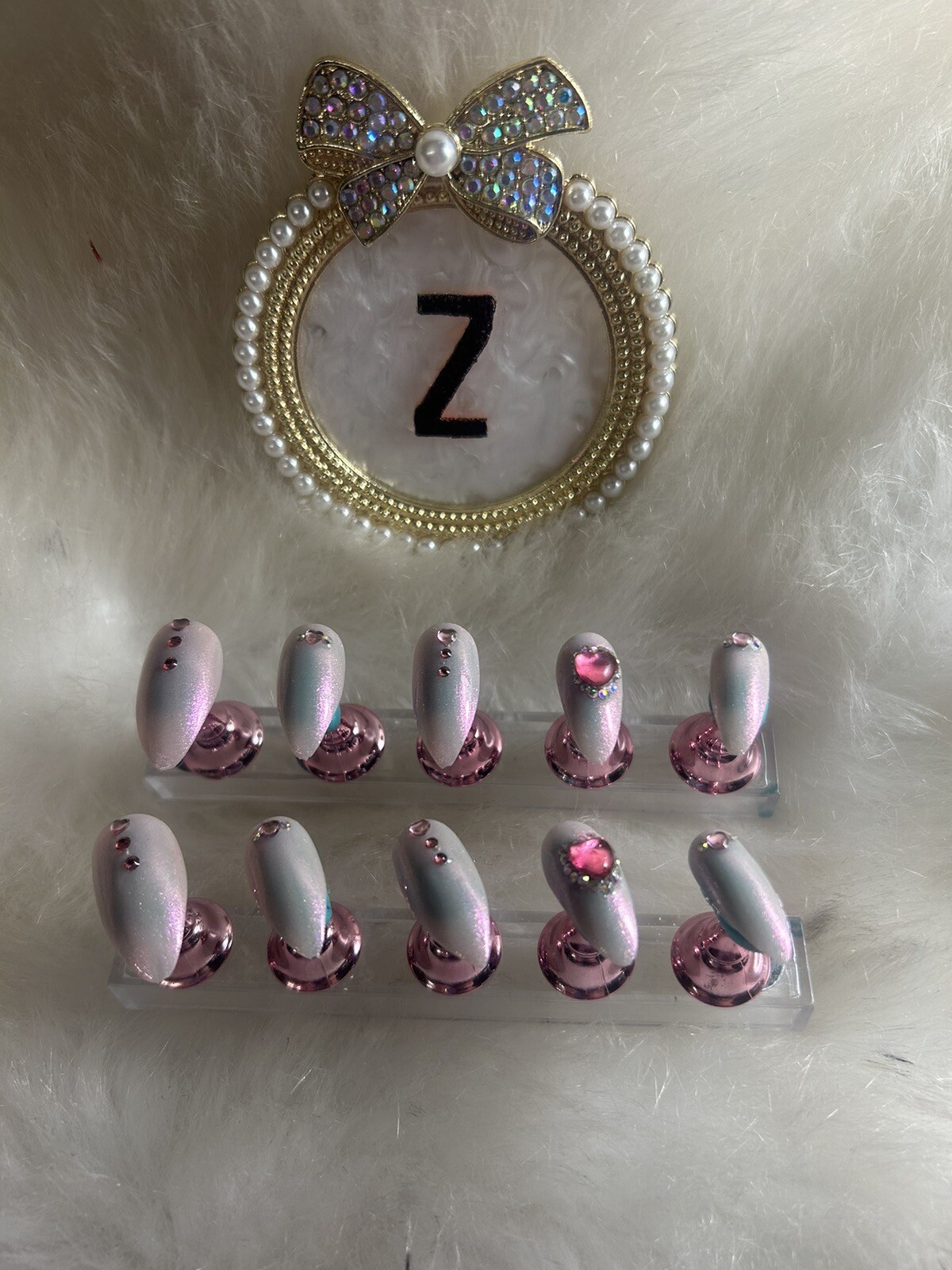 Z NAILZ! Handmade M Oval Pink Iridescent Press On Nails With Pink Stones