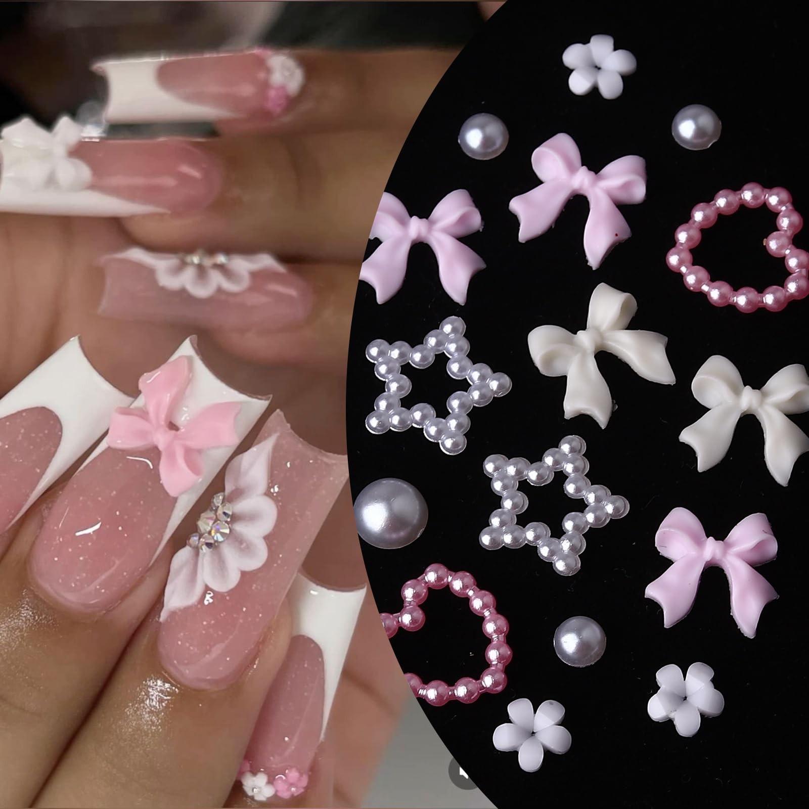 ROFIBUT 3D Nail Art Charms and Nail Foil Cute Pink White Bow Heart Charms Lux…
