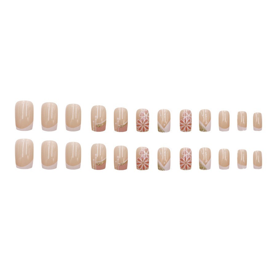48Pcs-Medium Square Nude White French Flower Gold Tiny Rhinestone Press on Nails