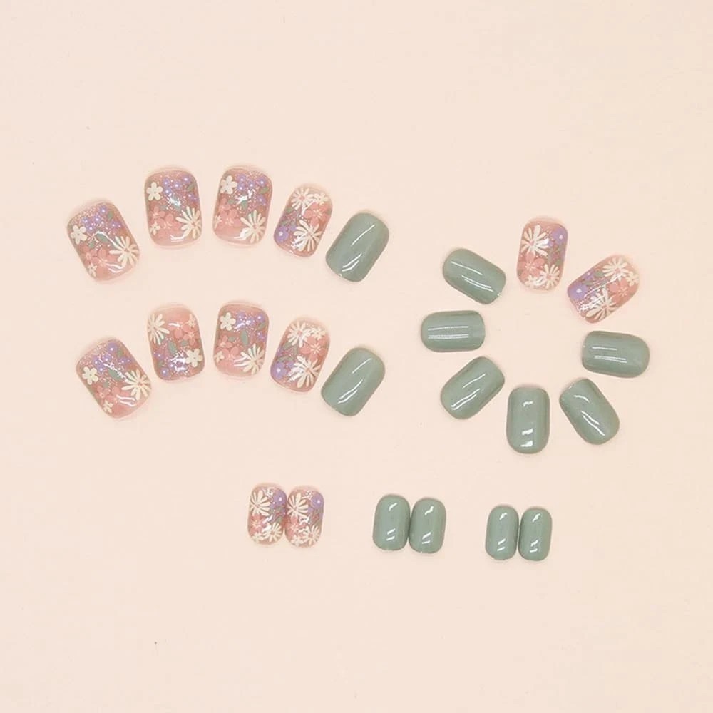 S.A.V.I 24 Pcs Short Natural Nude & Green Floral Press On Nails | Reusable DIY