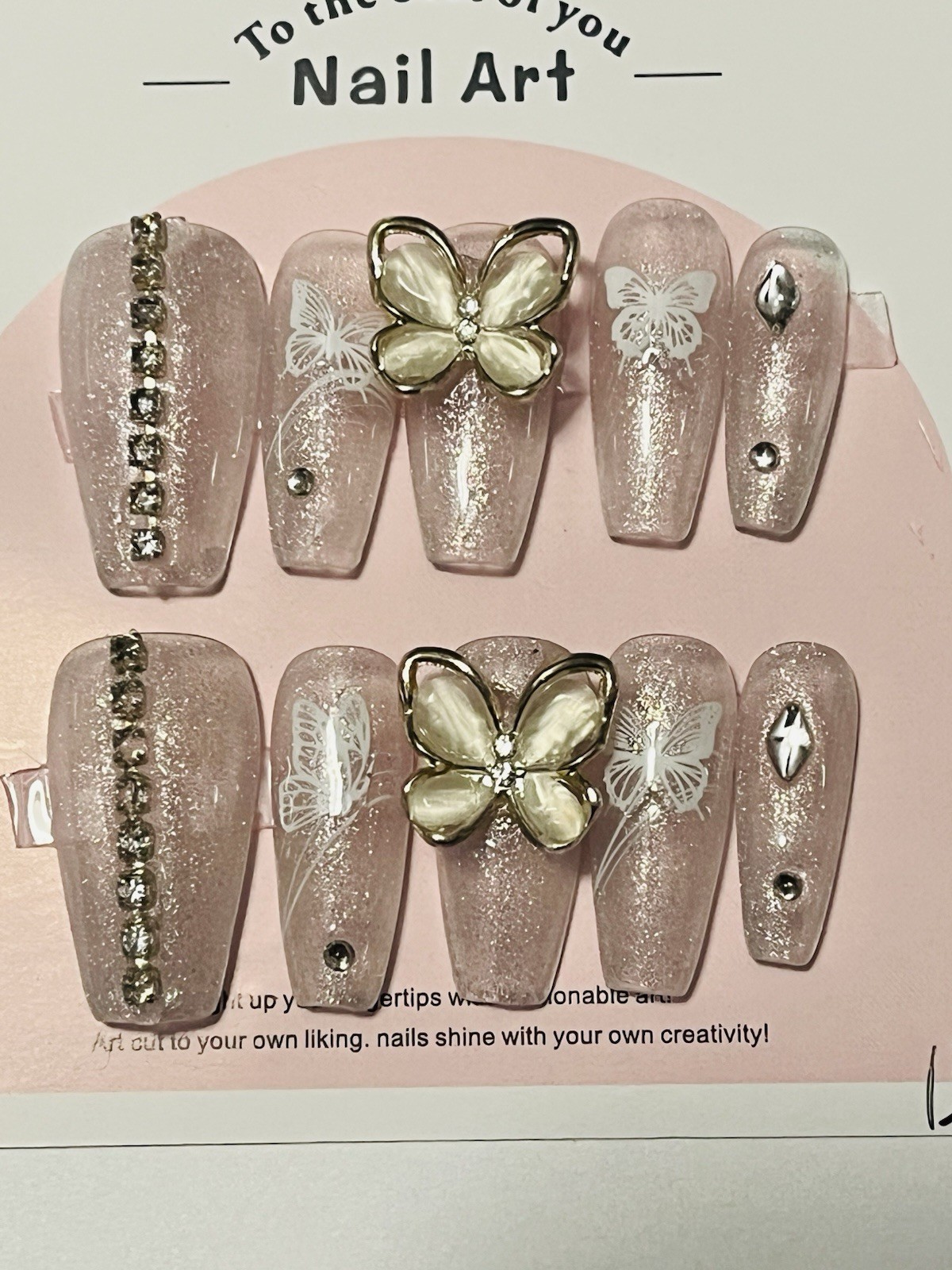 10 PCs Handmade Press On Nails Silver Gold Medium Coffin Butterfly & Rhinestones