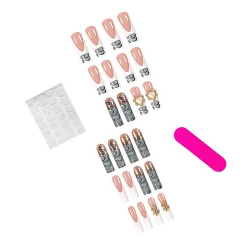 French Tip Press On Nails – Long Square Pink Acrylic False Nails with 5D Color1