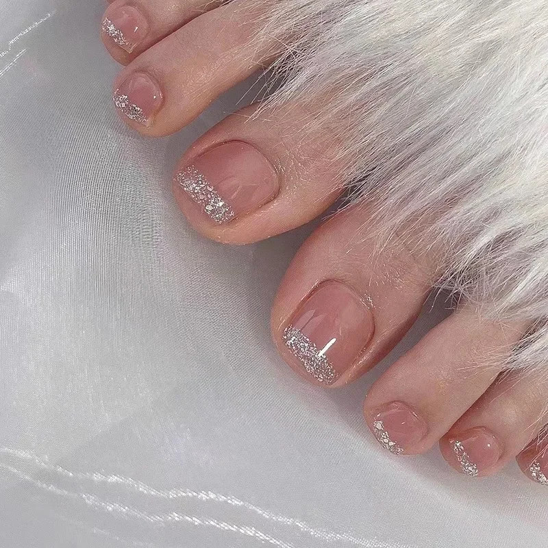 White French Nude Pink Short Fake Toenails Shiny Rhinestone Summer Flower Toe Fa