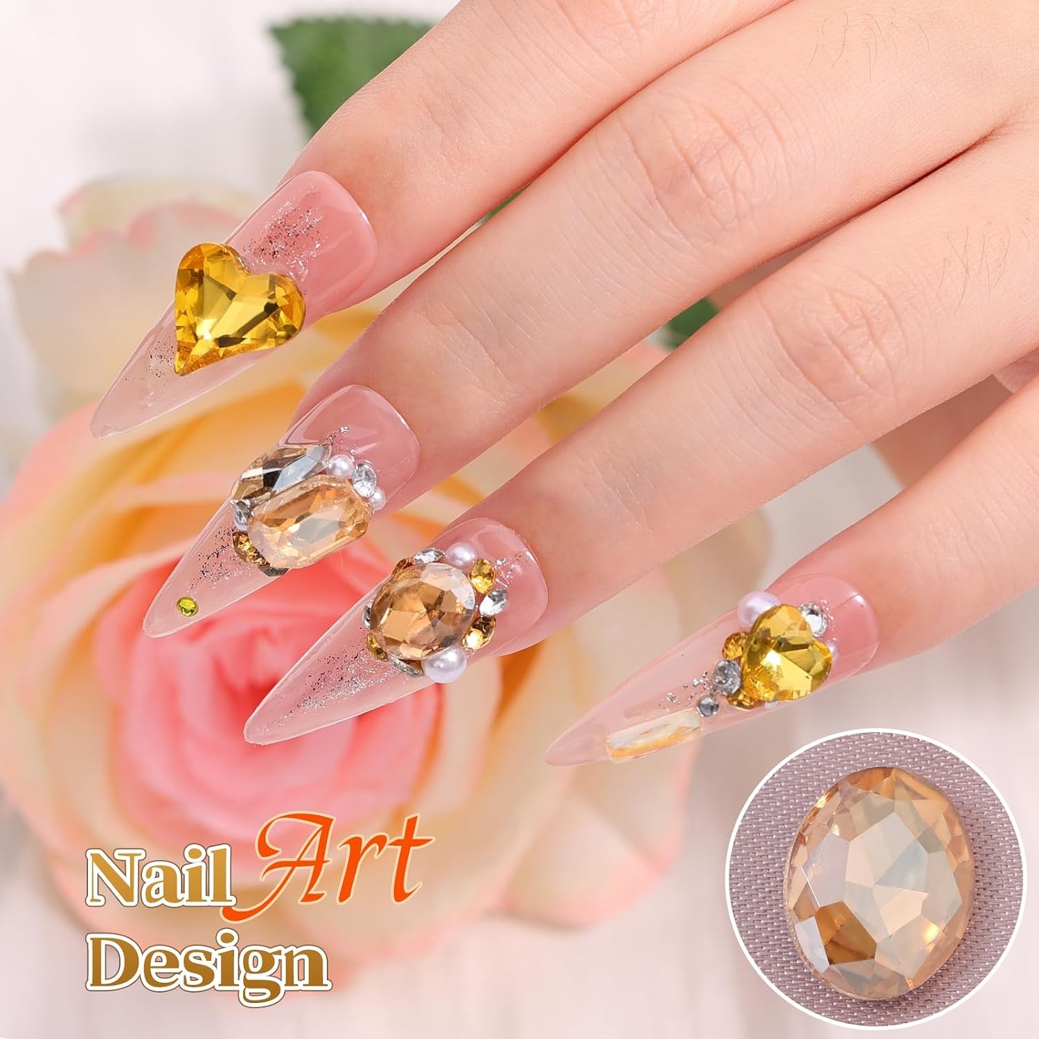 104PCS Glass Nail Gems, 3D Champagne Gold Nail Art Rhinestones for Women
