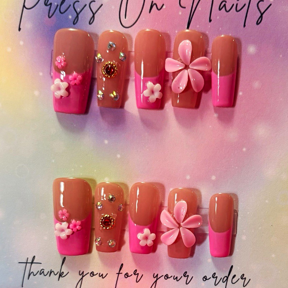 Pink/Nude Floral Square Press-On Nails, Medium, Shiny Pre-Designed Full Cover