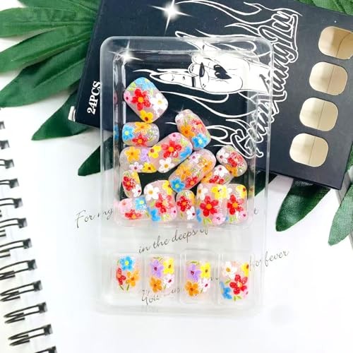 Summer Flowers Press on Nails – Short Square False Nails with Colorful Flowers