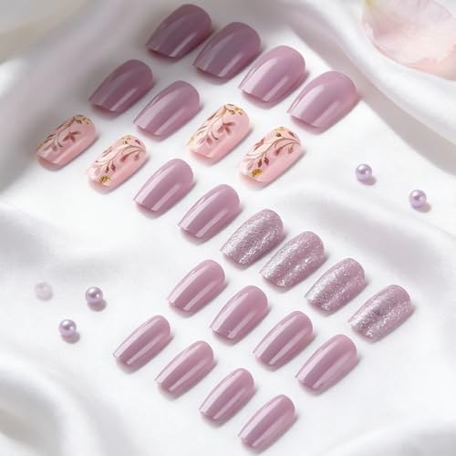 Purple Glitter Nails – Cute Flower Bud Style28 – Square Press On Nails