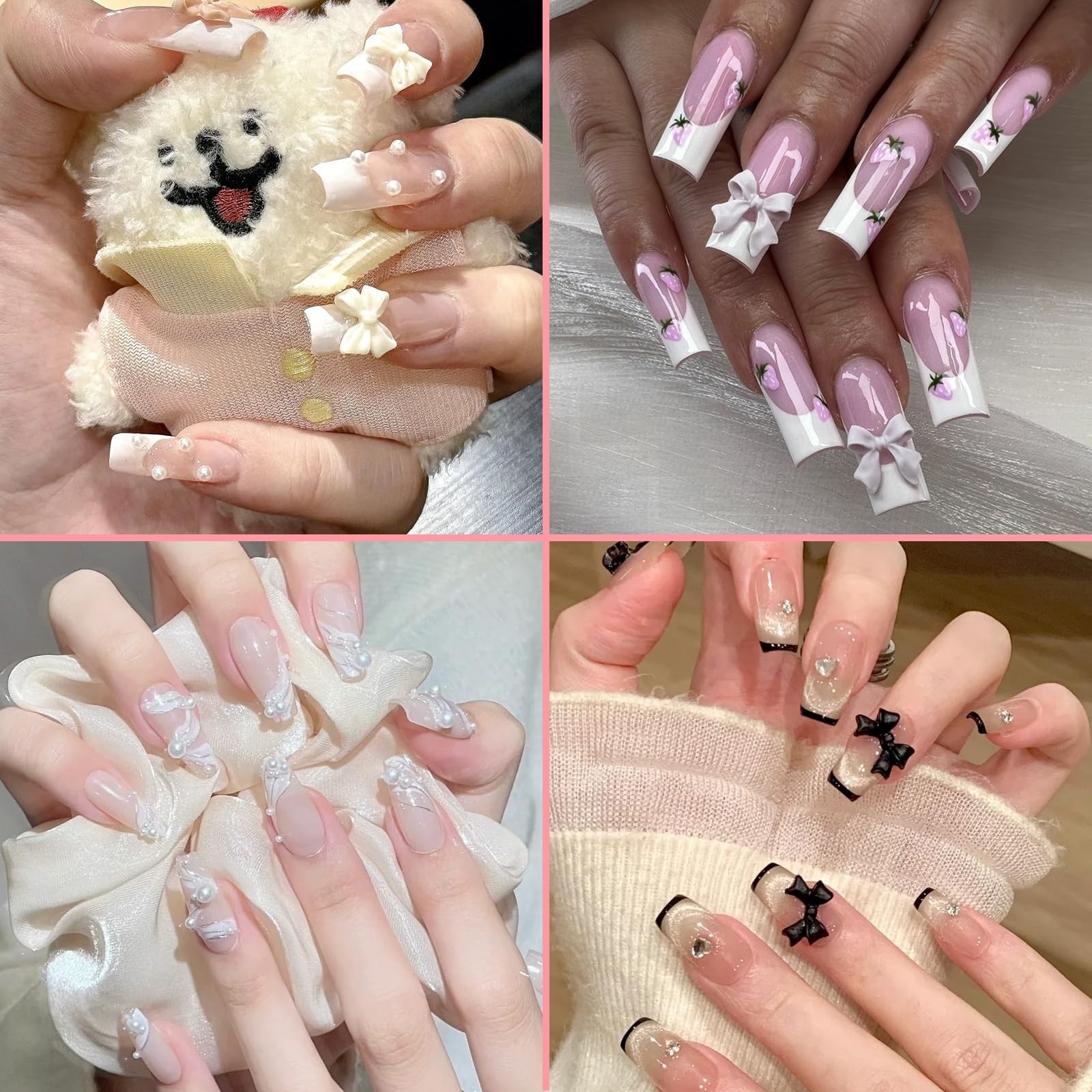 300Pcs 3D Bow Nail Charms Flatback Pearls Black White Pink Manicure DIY