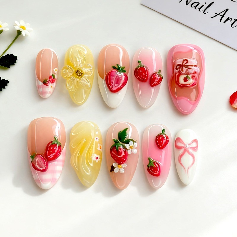 60pcs-Strawberry Press on Nail with 3D Charms and Floral Art, Short Almond Nails