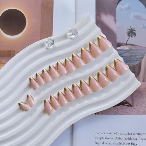 Chrome Gold French Tip Press On Nails Short Almond, 24 Pcs Acrylic Press gold