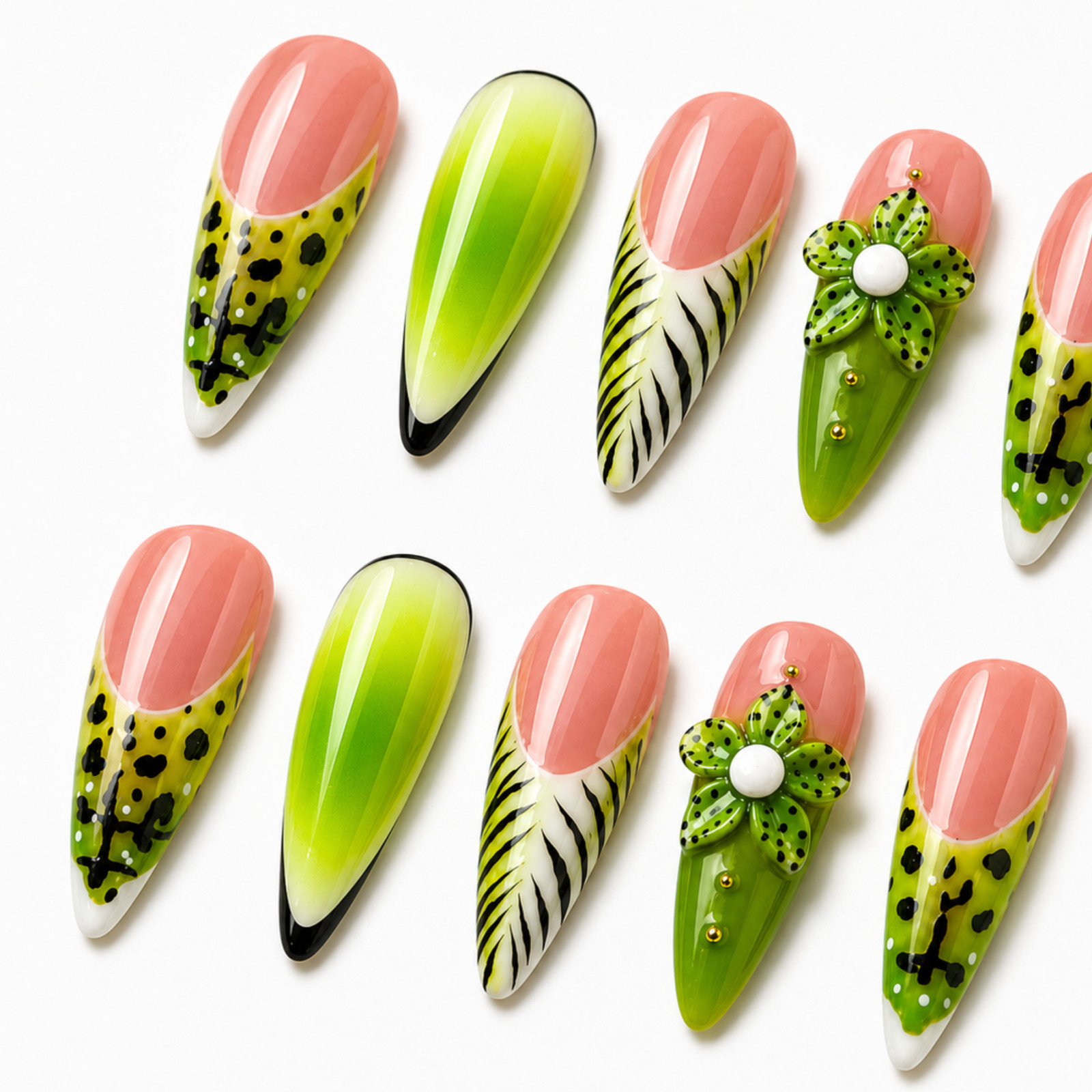 Handmade Pink Green Frog Floral 3D Press On Nails Custom Size Set