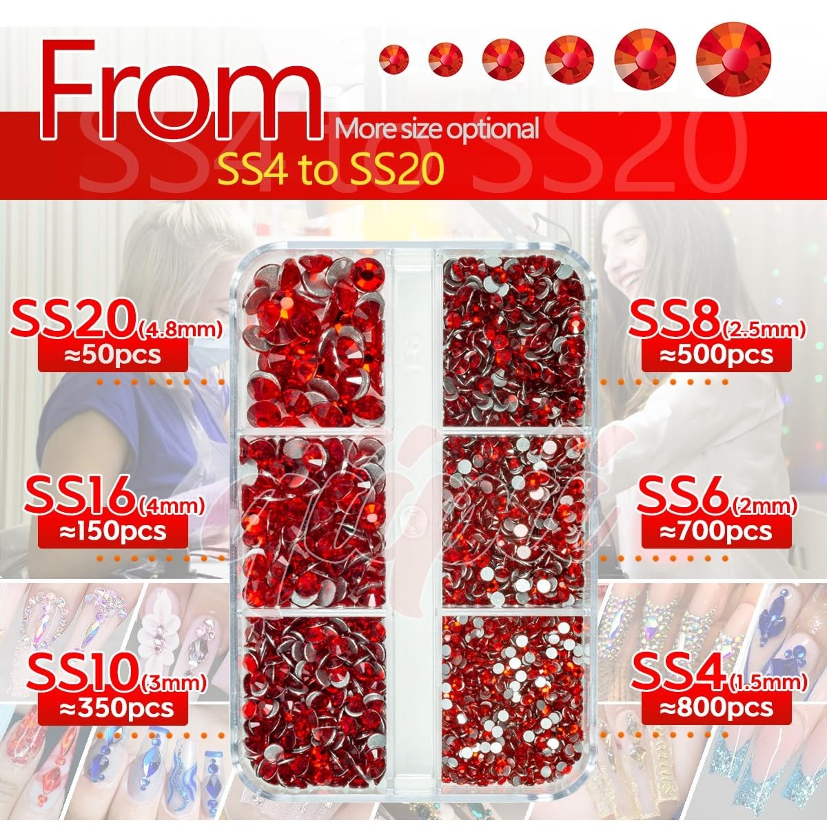 2550pcs Red Nail Art Flatback Rhinestones for Makeup Siam Red Nail Gems Gemst…