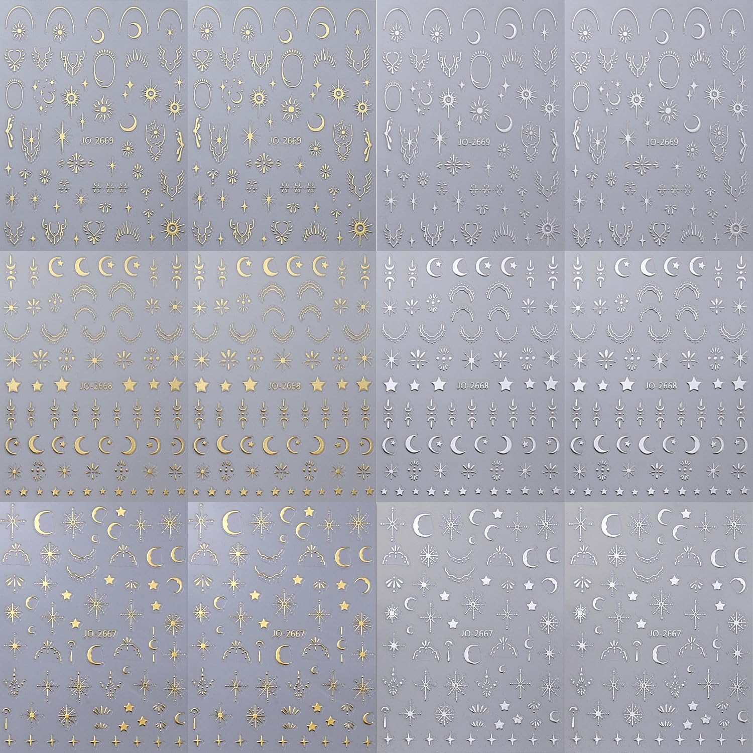 12 Sheets Silver Gold Moon Star Nail Art Stickers – 3D Self Adhesive Decals for