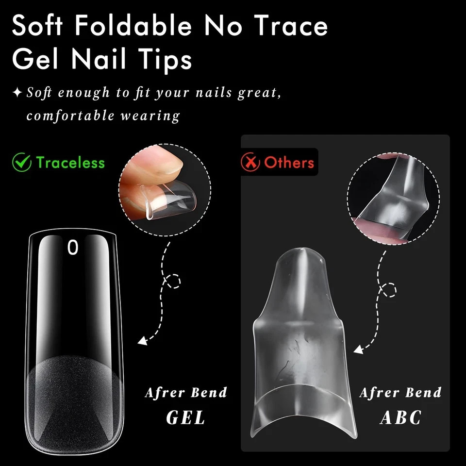 300pcs Long Square Nail Tips Full Cover Clear Acrylic Gel 15 Sizes Press-On Set