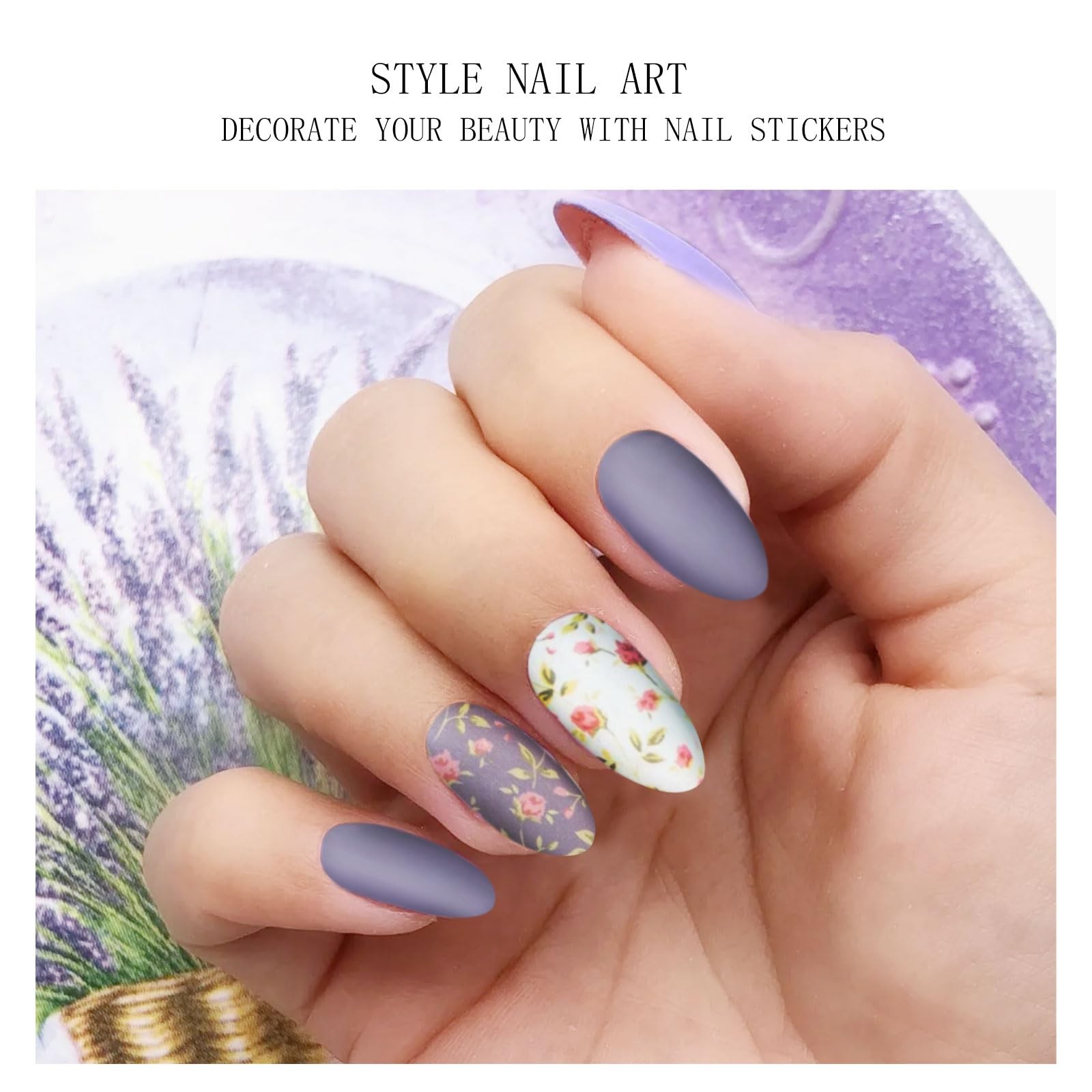 JMEOWIO Gel Nail Stickers White Purple Flower Semi Cured