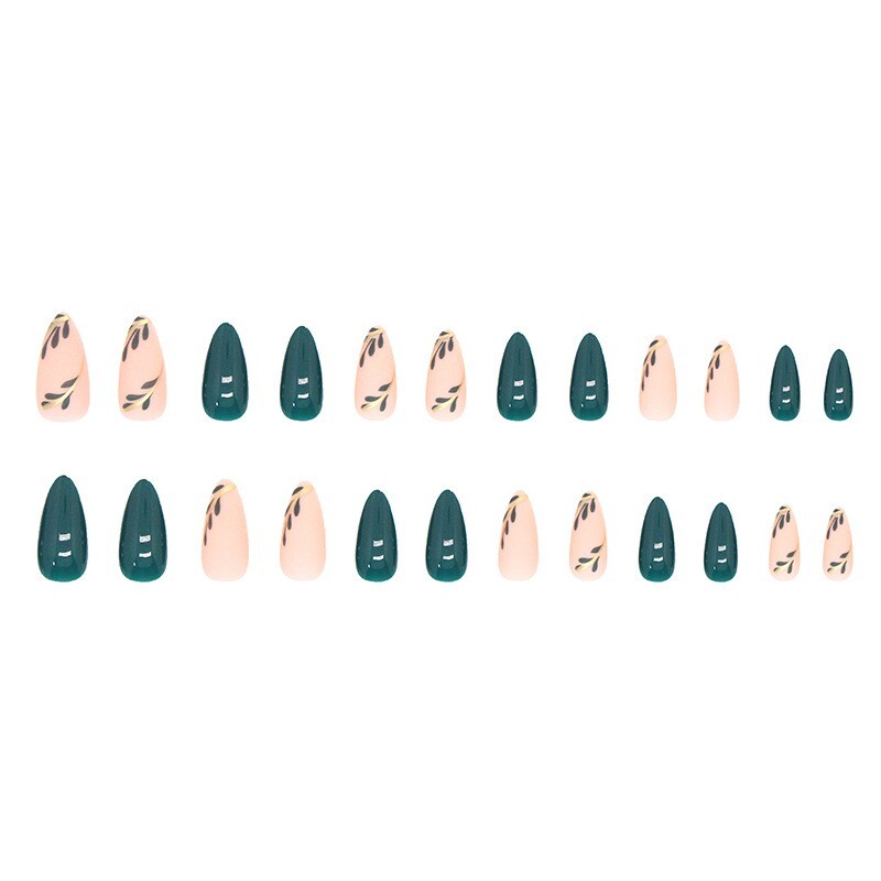 24pcs Olive Green Shiny Gold Flower Ins Pretty Press on Nails, Medium Almond