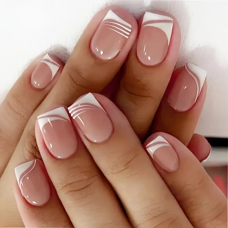 24pcs Short Press-On Nails, Glossy, French with Geometric Pattern, Glossy Finish
