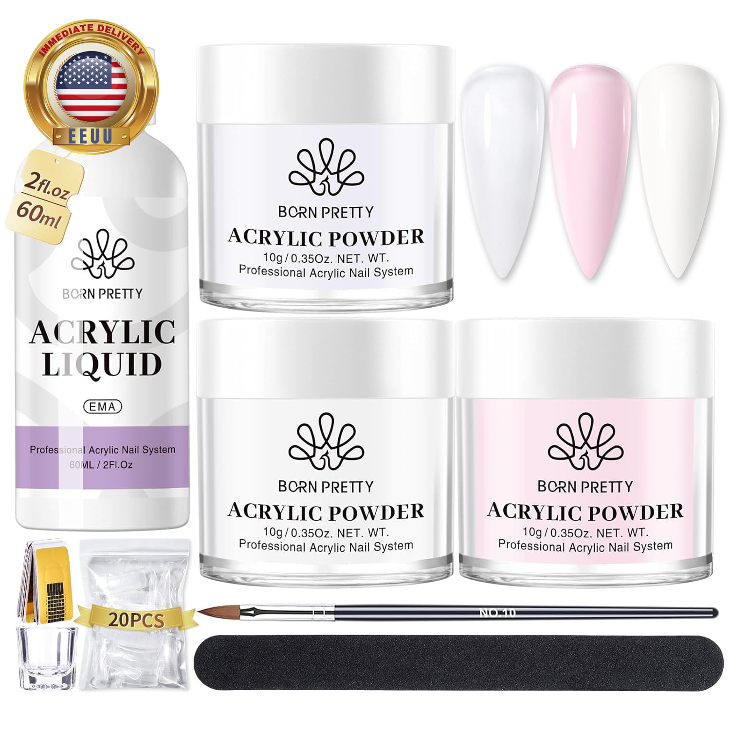 Acrylic Nail Kit – Acrylic Powder (Clear, White, Pink) & Liquid Set with Nail Fo