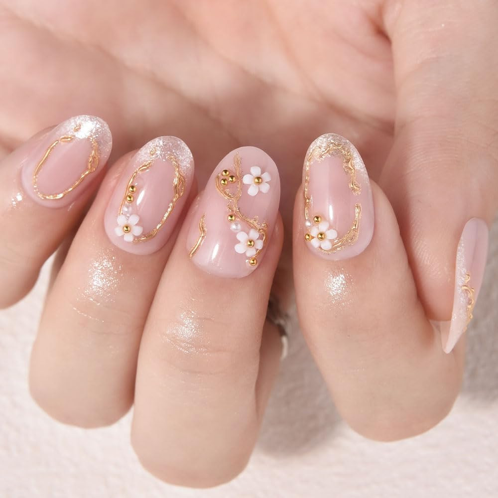 French Gold Pearl White Flower Press on Nails, Short round Acrylic Fake Nails De