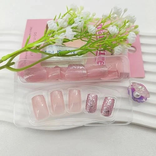 Press on Nails Medium Square Fake Nails with Gradient Glitter Sequins Designs