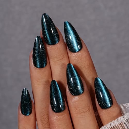 Cat Eye Press On Nails Almond, 30 Pcs Glitter Black Blue Press On black blue