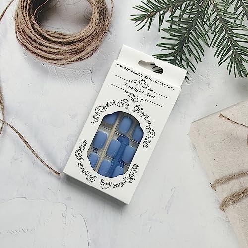 Lake Blue Press on Nails Short Square Fake Nails with Nail Glue Cute lake blue
