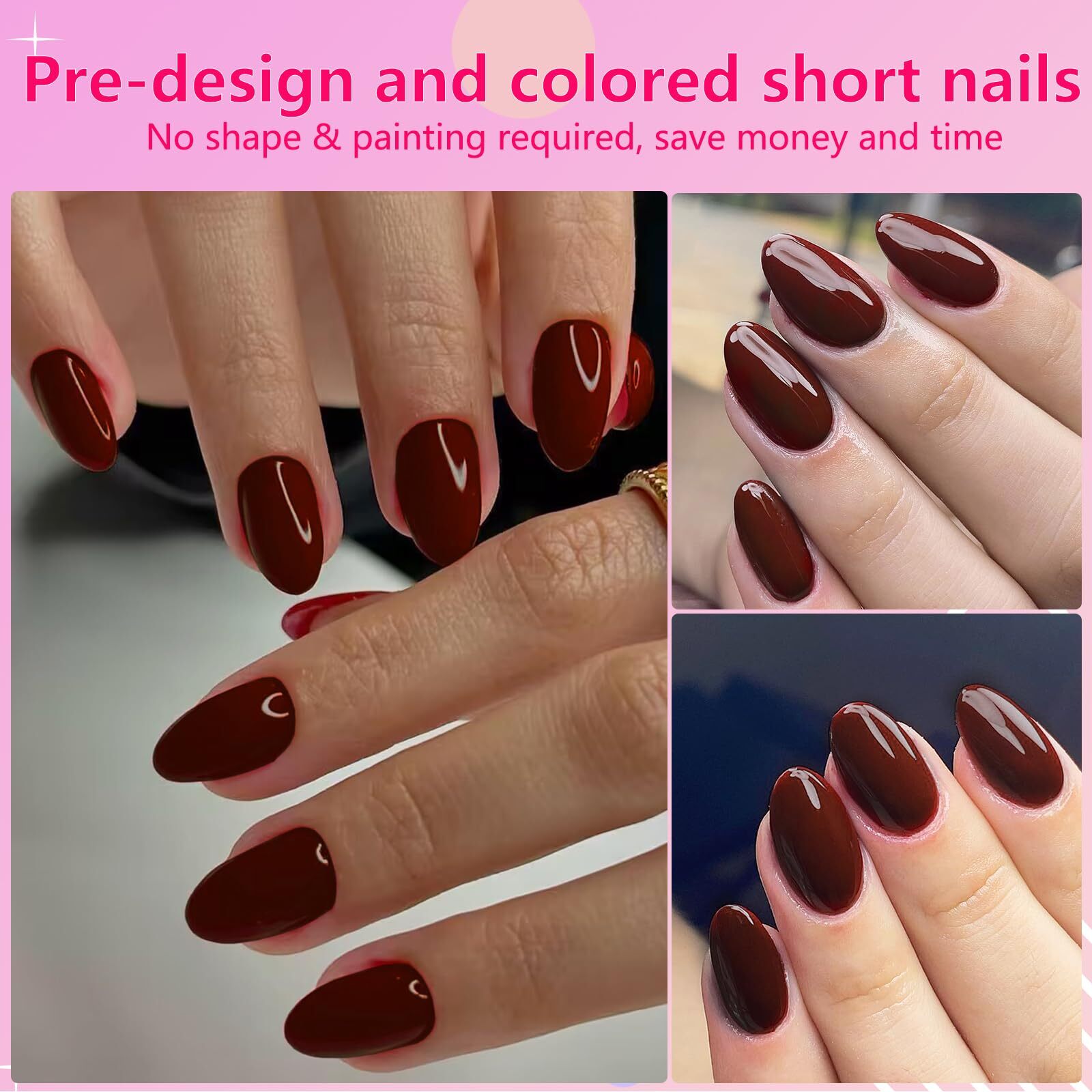 Oval Press on Nails Short Fake Nails 240pcs Burgundy Nails Press on Almond Fa…