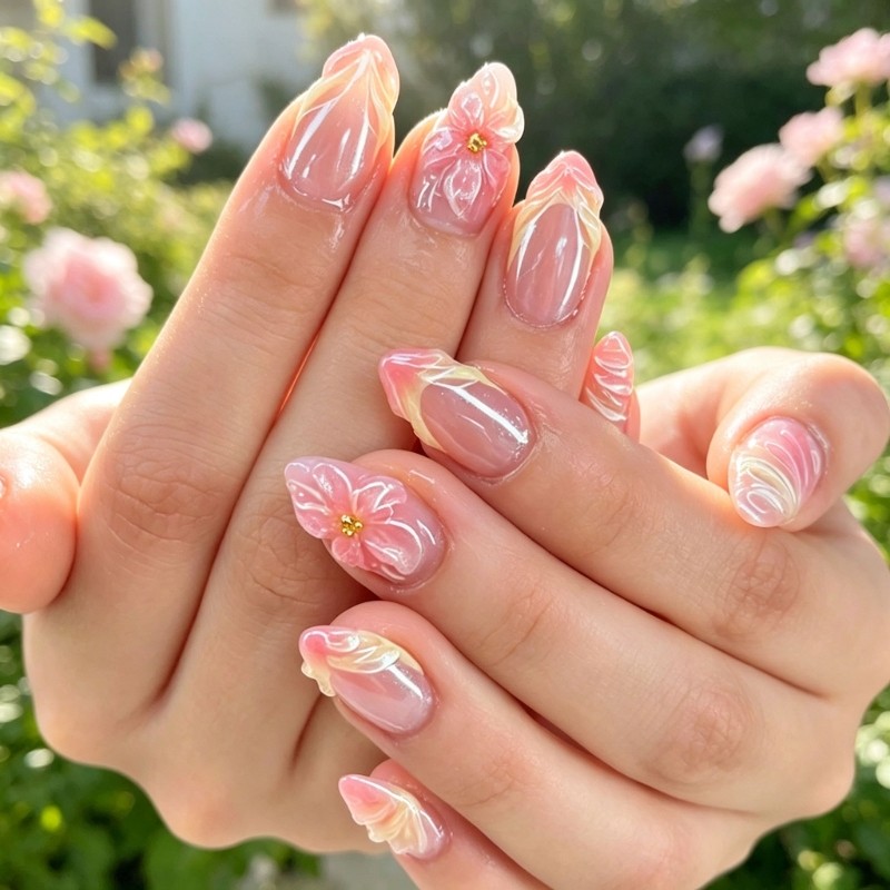 Pink Gradient Press On Nail with 3D Flower Almond Shape False Nail 30Pcs/Set