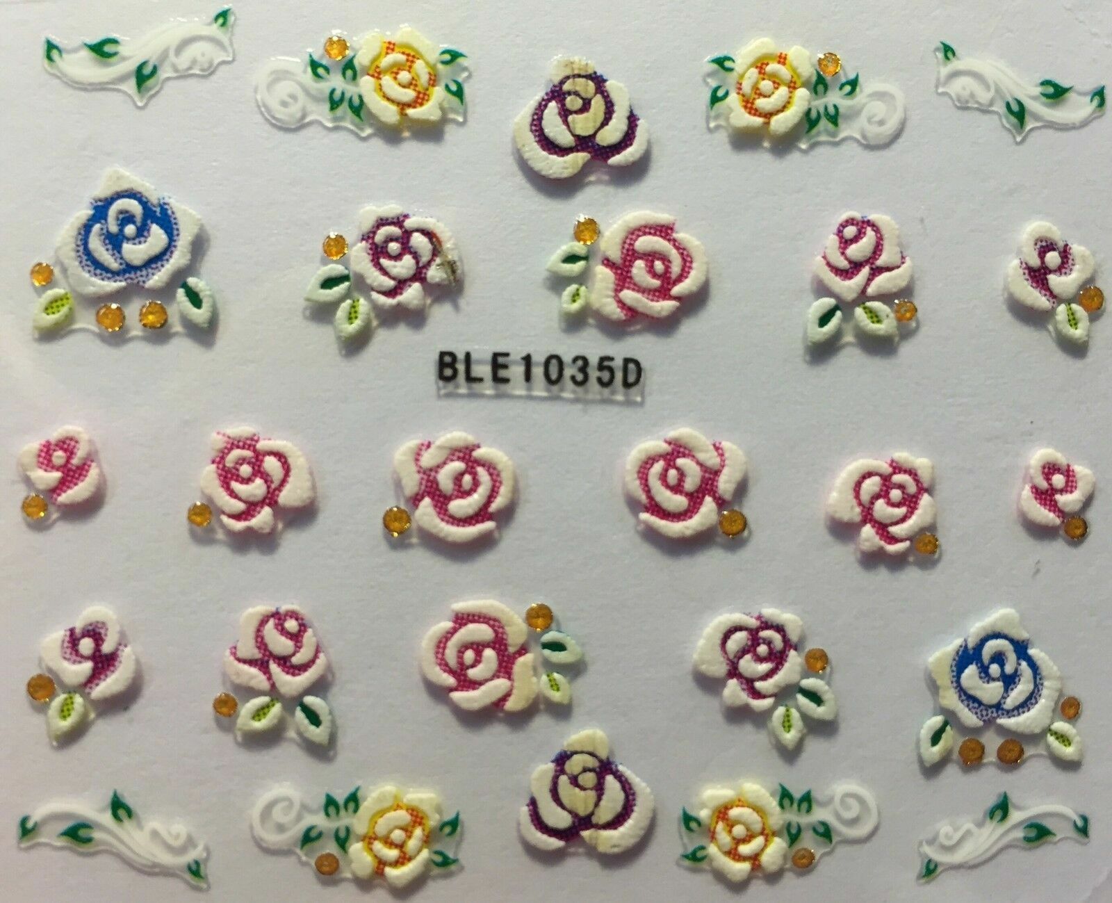 Nail Art 3D Decal Stickers Flowers Multicolored Roses BLE1035D