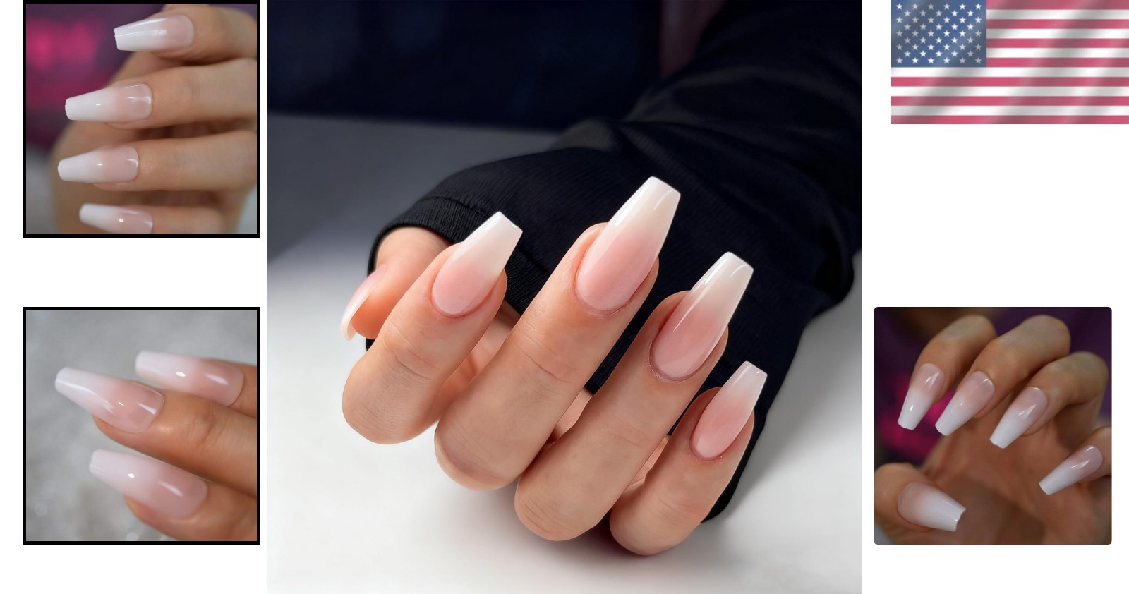 Reusable False Nails Ombre Pink White Gradient Coffin Shape for Easy Application