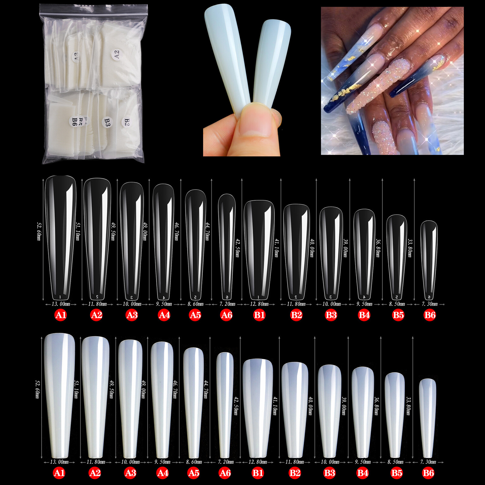 504pcs 4XL Clear Nail Art Tips Ballerina Shape XXXXL Long Full Cover Nails DIY