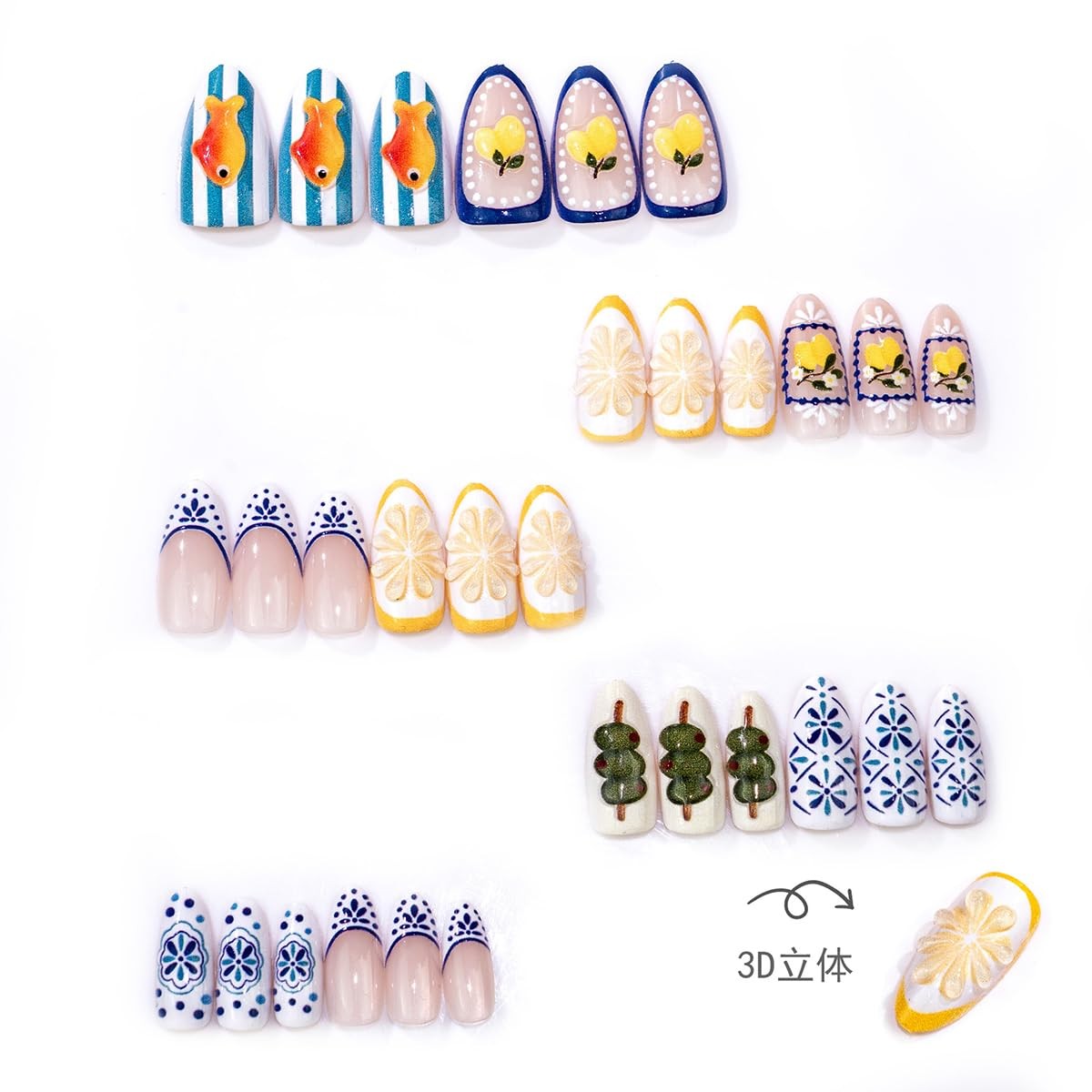 30Pcs Summer Press On Nails Almond Medium Fake Nails with 3D Goldfish Lemon a…