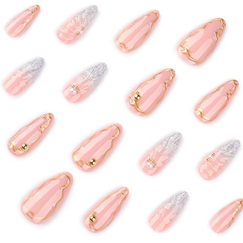 Almond Press on Nails Silver Glitter French Tip Fake Nails glitter french tip