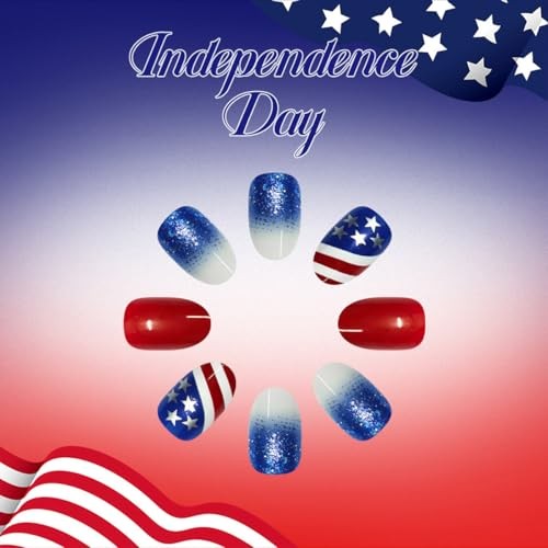 4th of July Press on Nails – Red, White, Blue Glitter – Short Style – 31