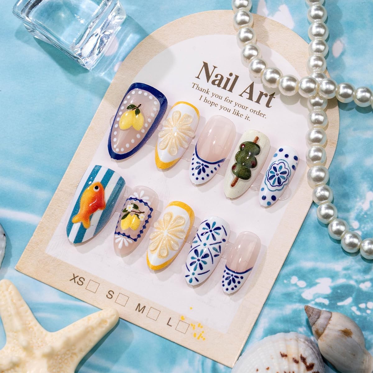 30Pcs Summer Press On Nails Almond Medium Fake Nails with 3D Goldfish Lemon a…
