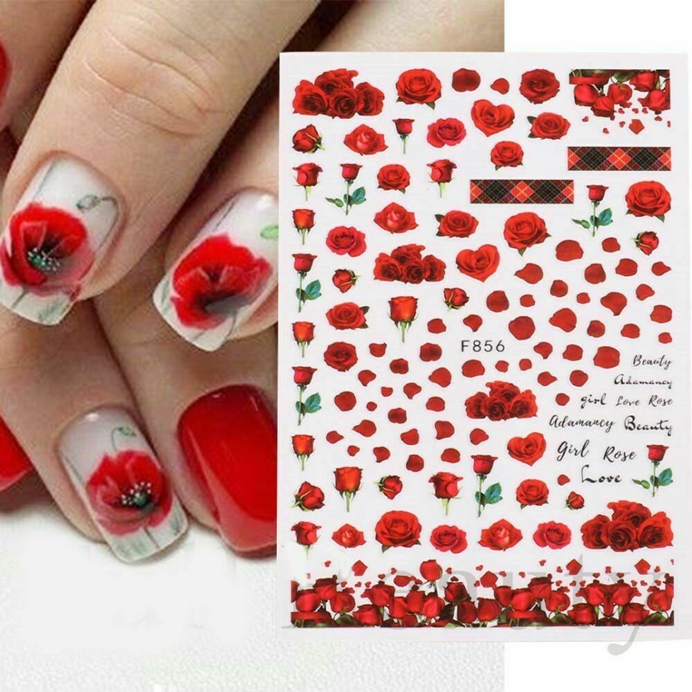 3D Nail Art Sticker Love Red Rose Flower Decal Manicure Peel &Stick F856 NS3