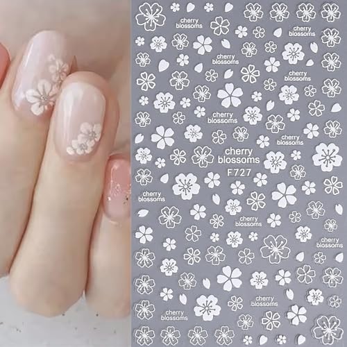 4 Sheets 3D White Flowers Nail Stickers, Self – Adhesive Cherry Blossom Style 7