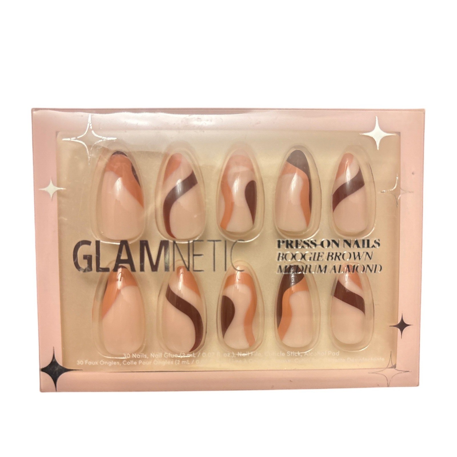 Glamnetic Press-On Nails Boogie Brown Medium Almond Swirl Design New In Box