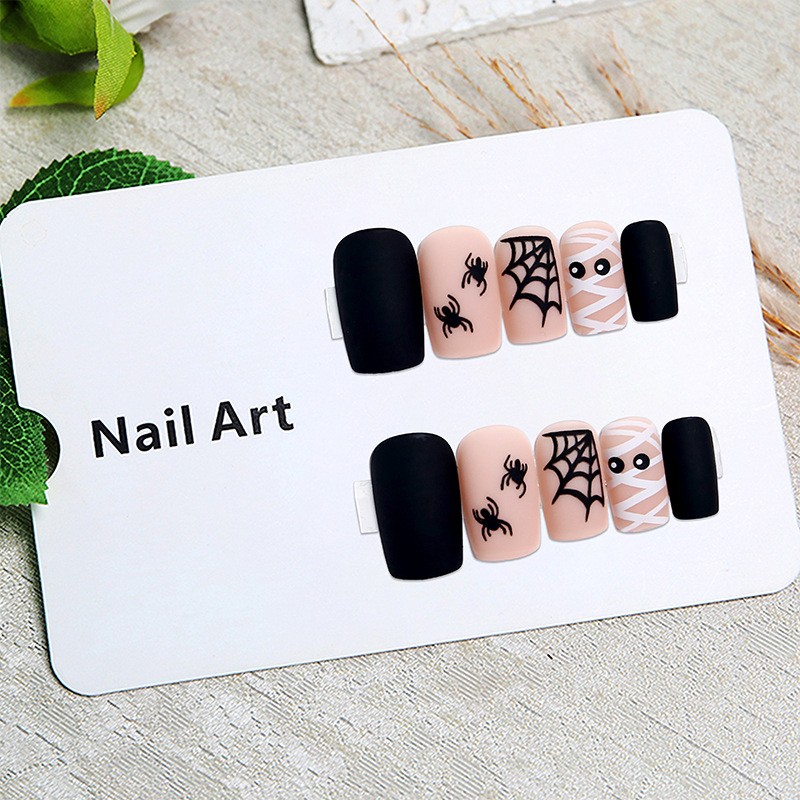 48Pcs-Medium Square Matte Black Nude Mummy Spider Web Halloween Press on Nails